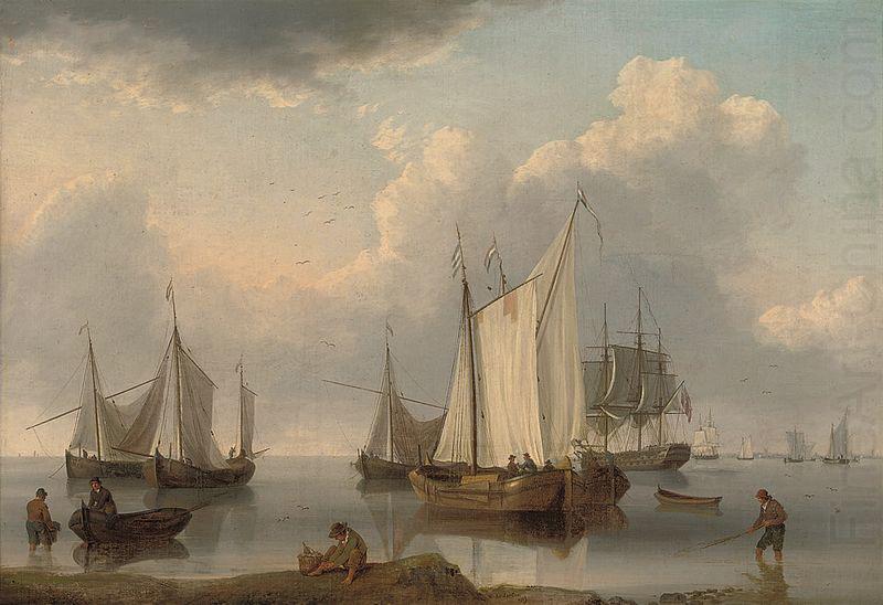 A British warship, Dutch barges and other coastal craft on the Ijselmeer in a calm, William Anderson